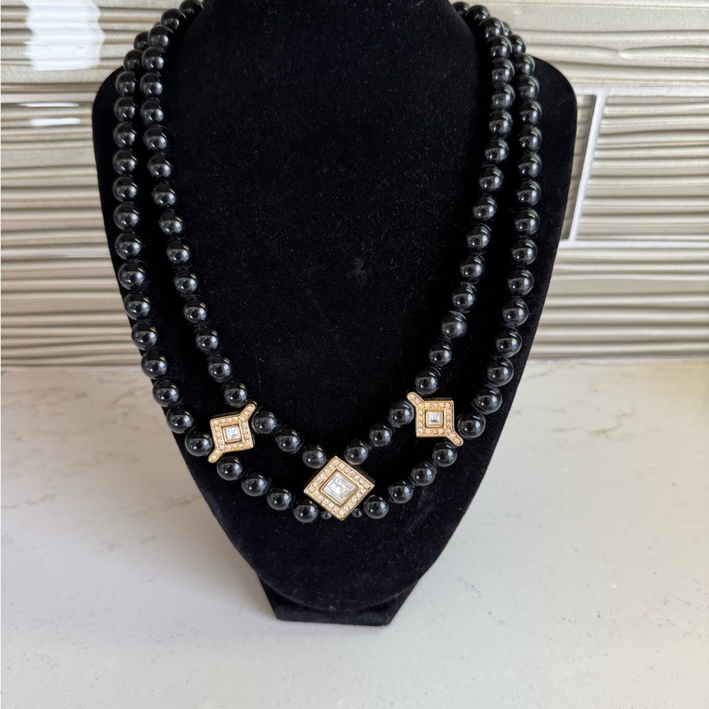Elegant Black Beaded Necklace with Gold Accents